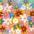 Retro floral pattern with smiling flowers in orange, pink, yellow, and blue.