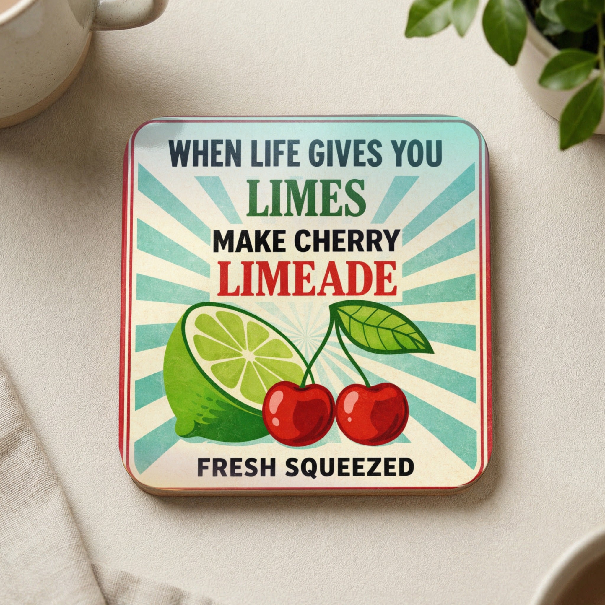 Coaster with lime, cherries, and text "When life gives you limes make cherry limeade".