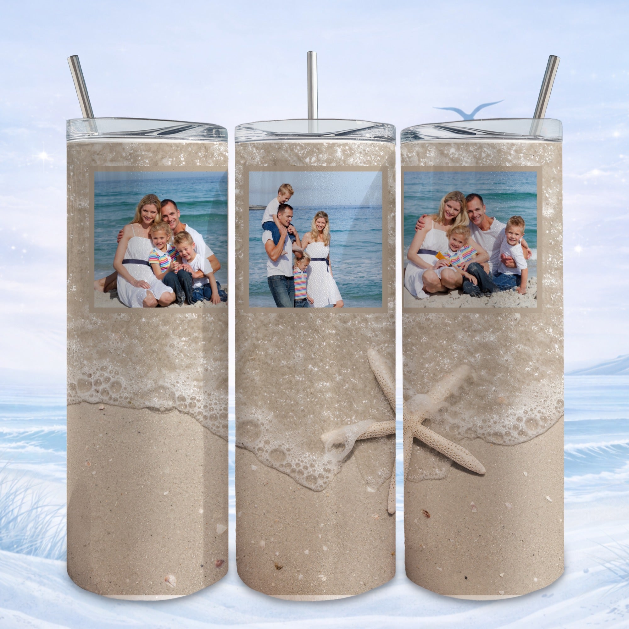 Family beach photos on a tumbler with sand and starfish.