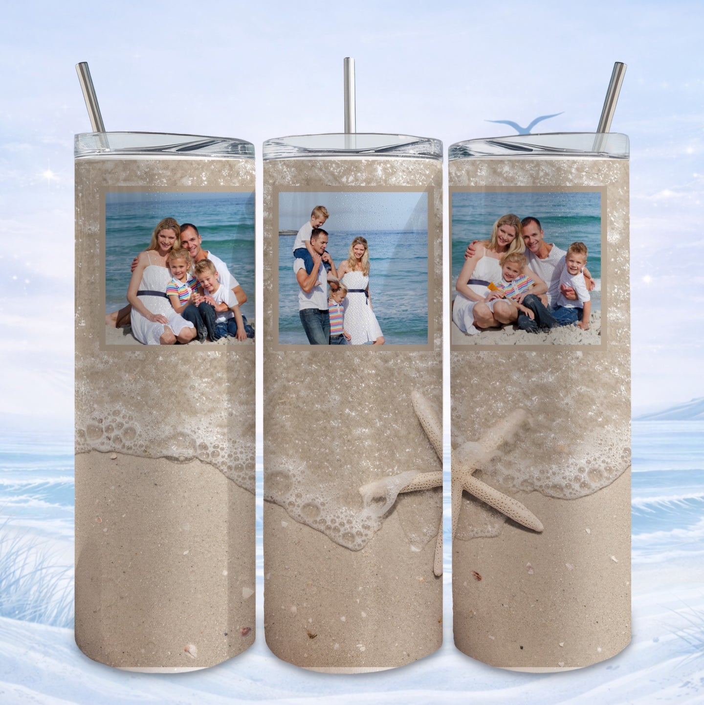 Family beach photos on a tumbler with sand and starfish.