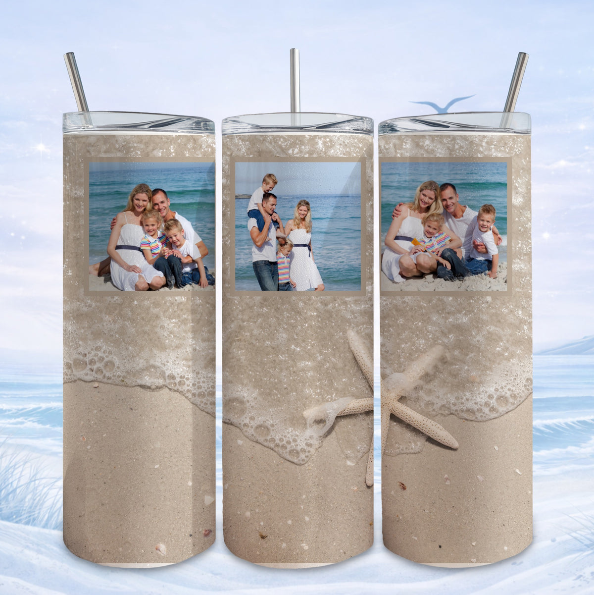 Family beach photos on a tumbler with sand and starfish.