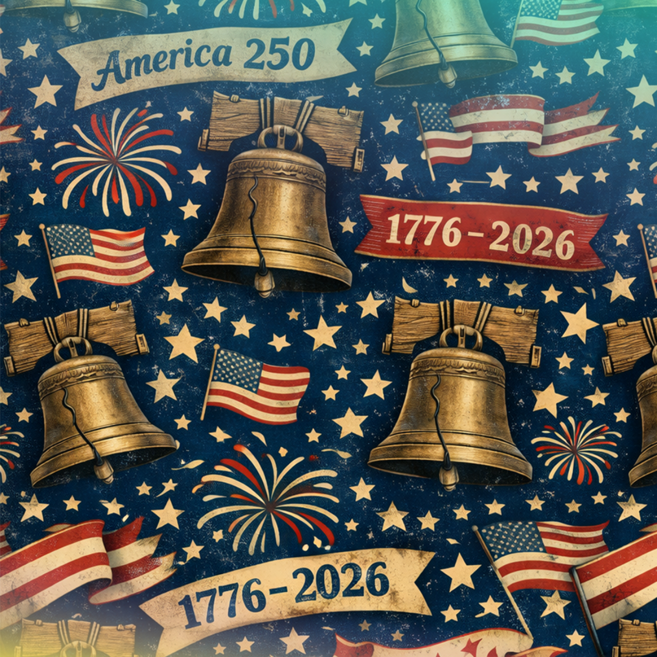 Independence Day pattern with Liberty Bell, fireworks, and American flags.