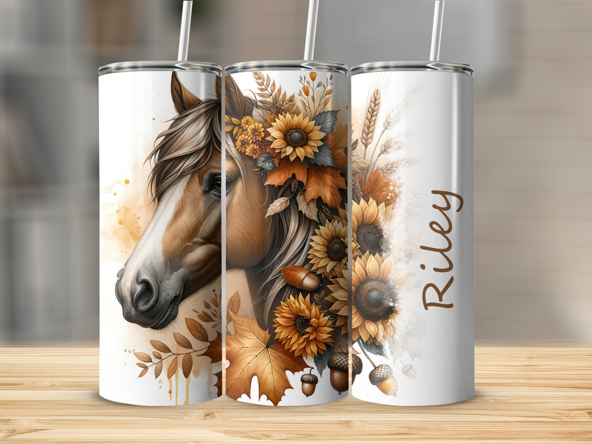 Horse with fall foliage and "Riley" on a tumbler.