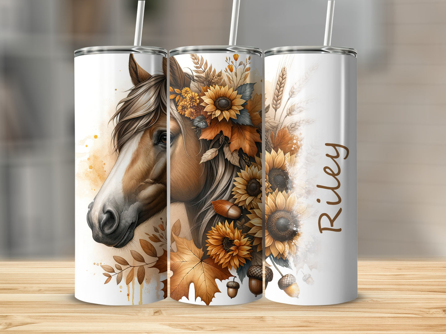 Horse with fall foliage and "Riley" on a tumbler.