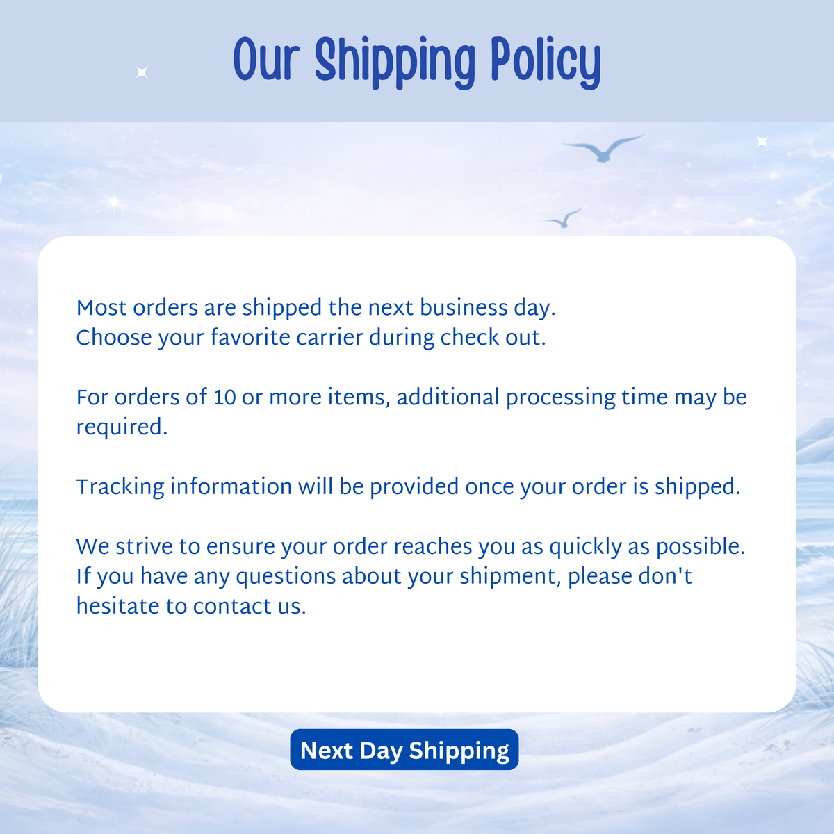 Shipping policy details including next-day shipping and tracking.