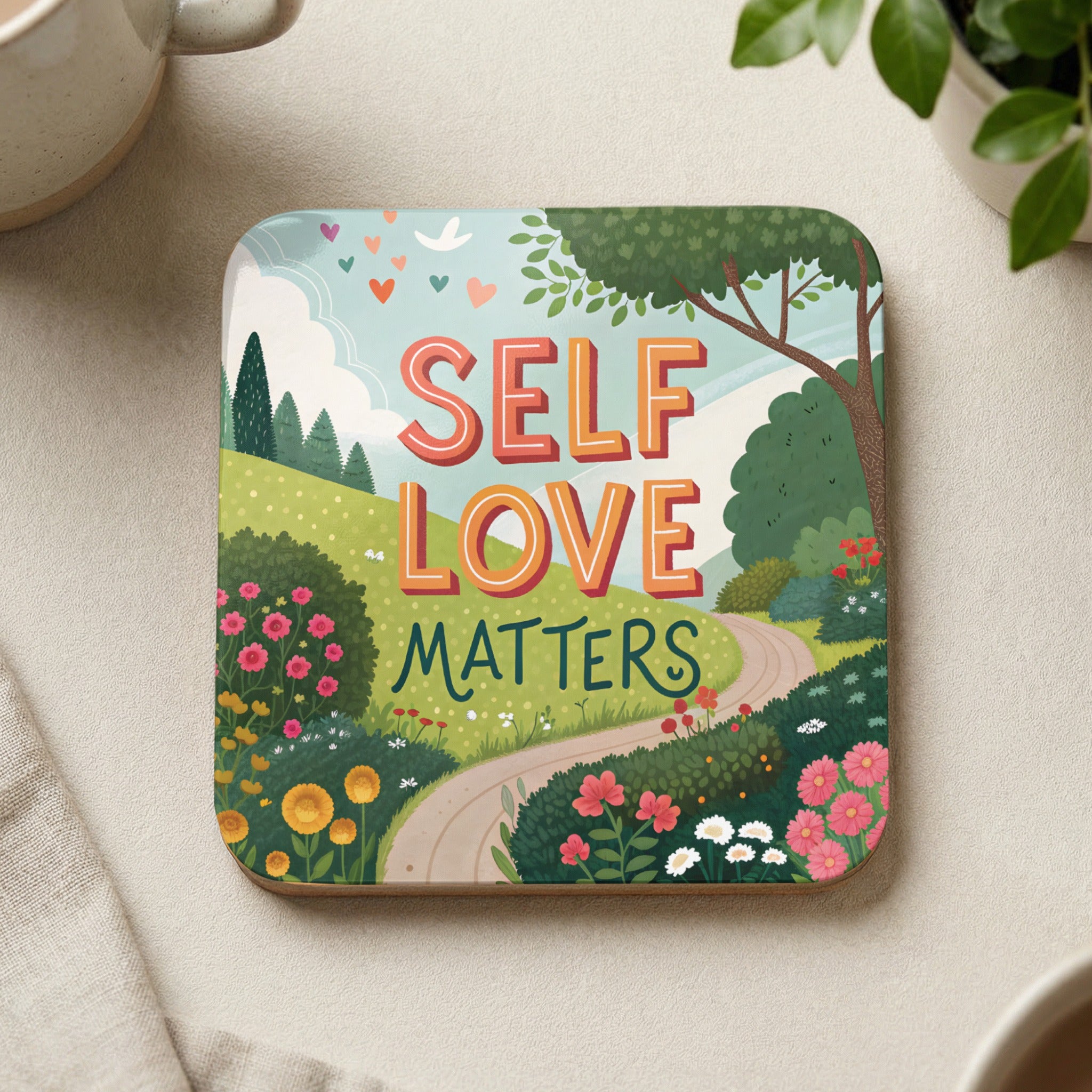 Coaster with "Self Love Matters" text over a stylized landscape with flowers and trees.
