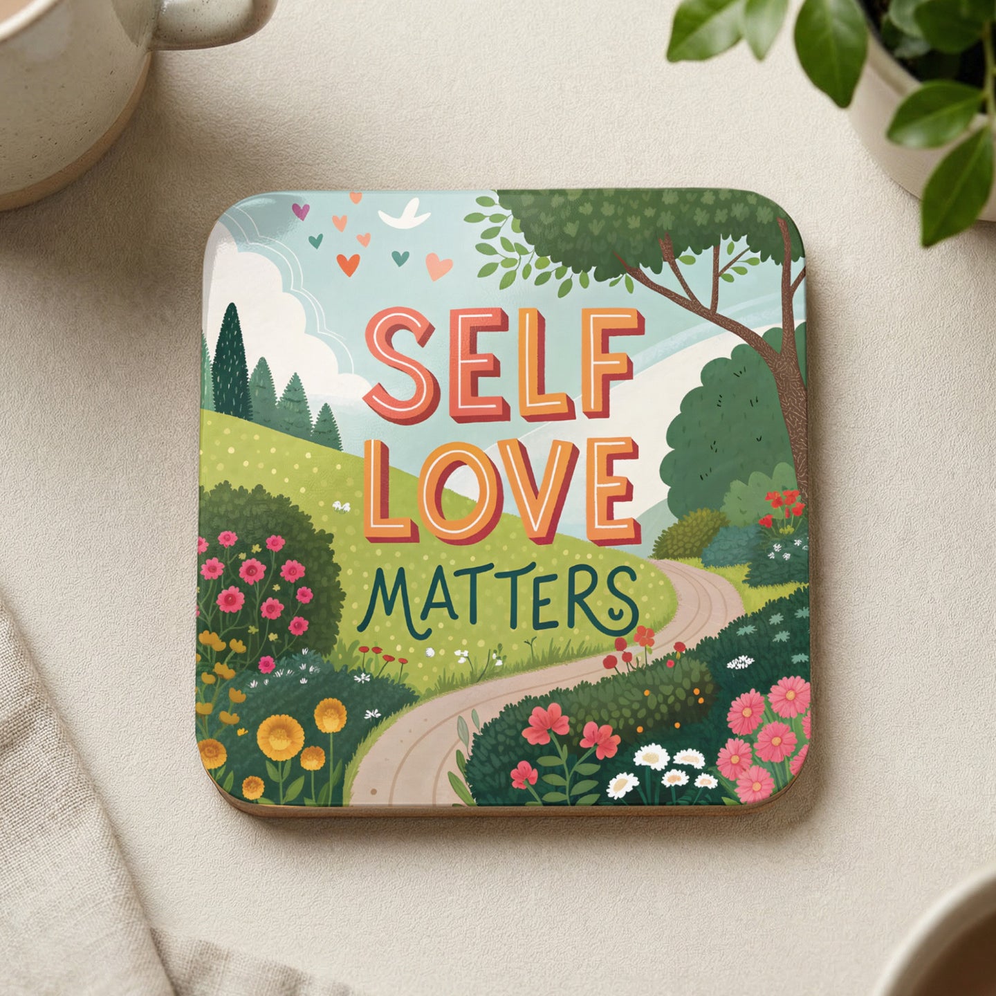 Coaster with "Self Love Matters" text over a stylized landscape with flowers and trees.