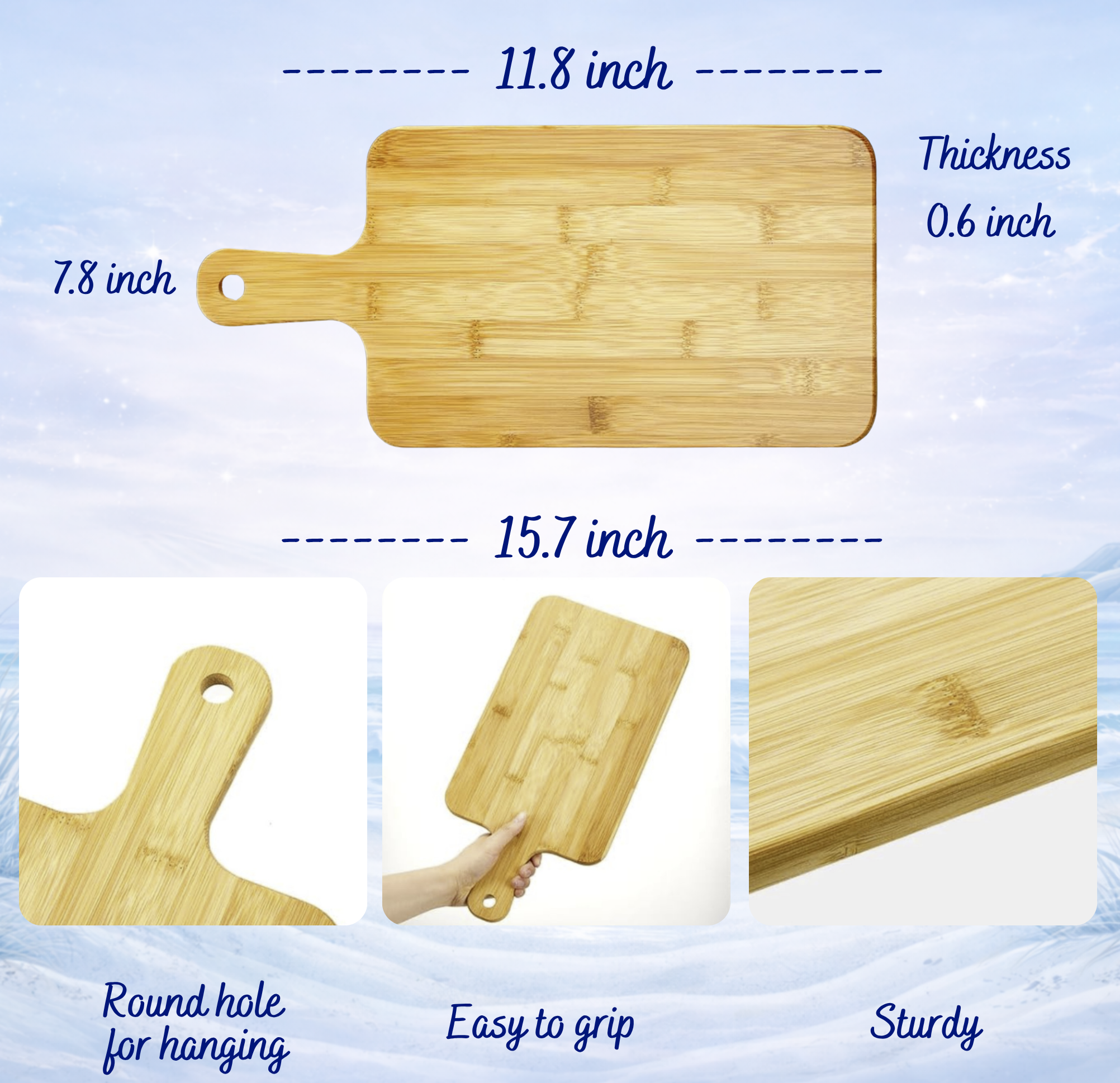Bamboo cutting board with dimensions 15.7 x 7.8 inches and 0.6 inch thickness.