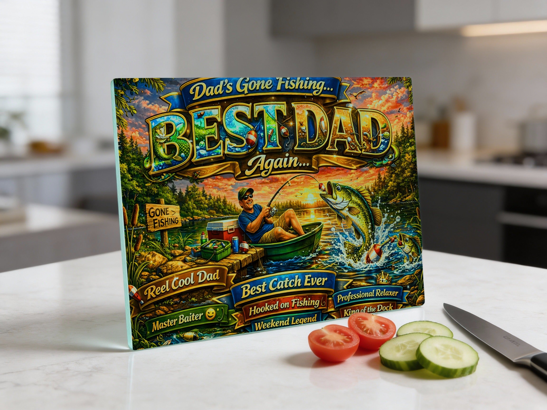 "Best Dad Again" book cover with fishing theme and text.