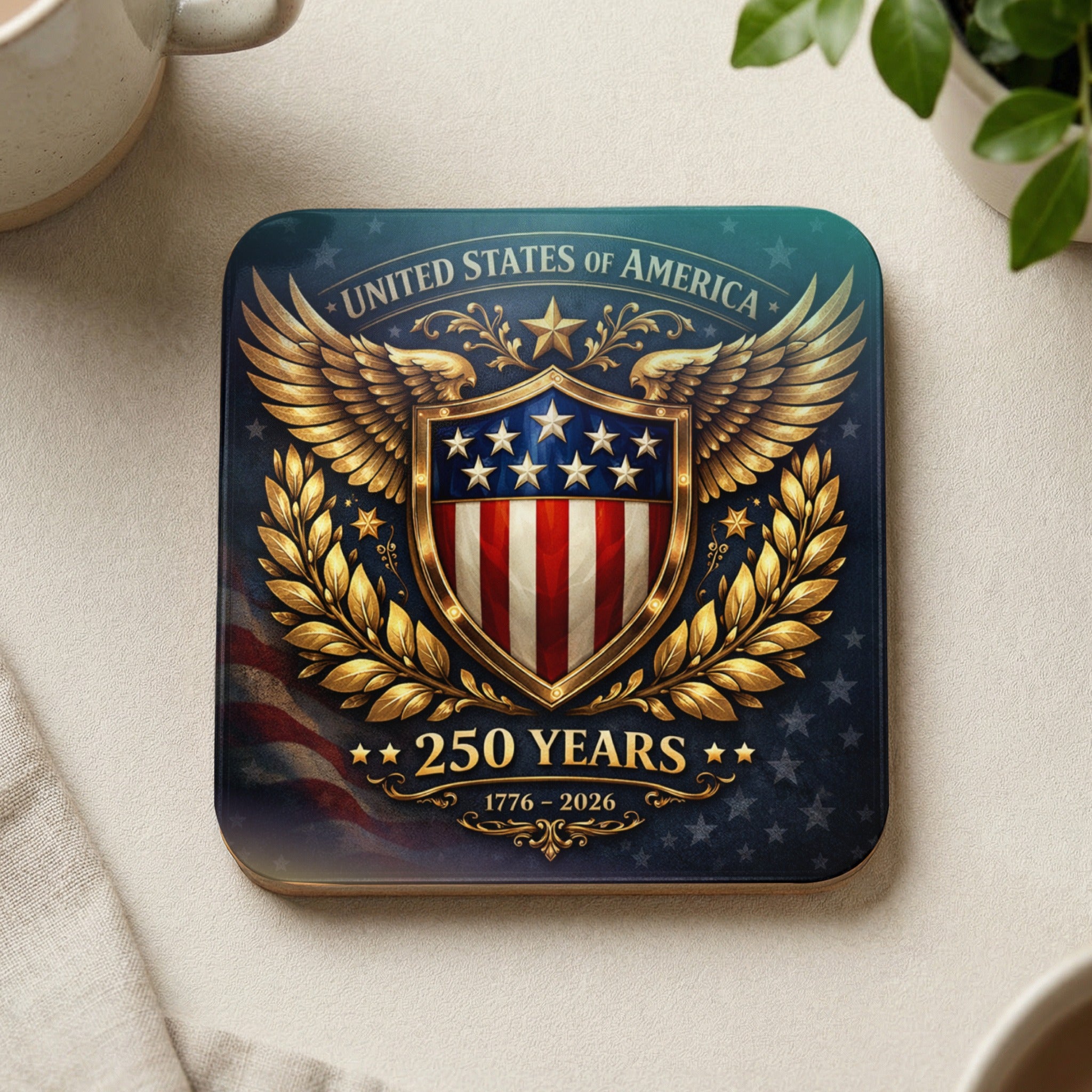 United States of America 250 Years 1776-2026 shield with eagle wings and laurel wreath.