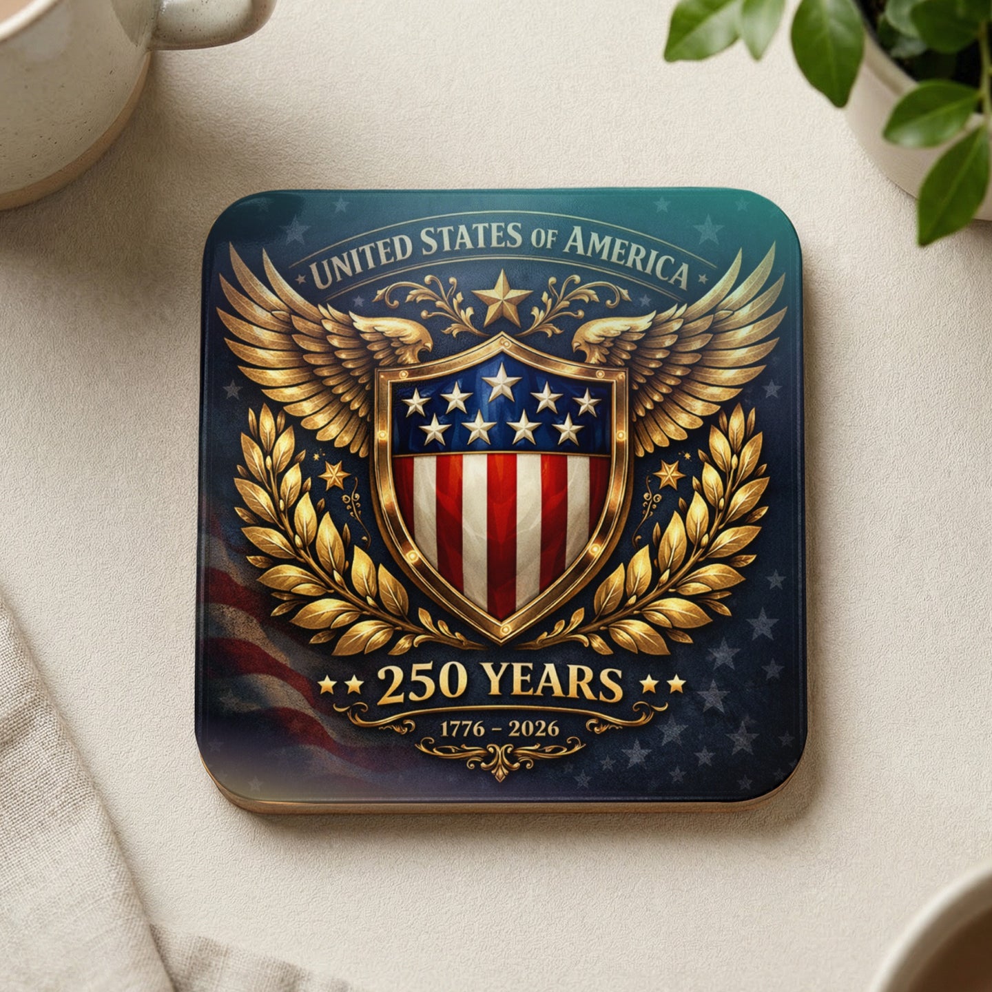 United States of America 250 Years 1776-2026 shield with eagle wings and laurel wreath.