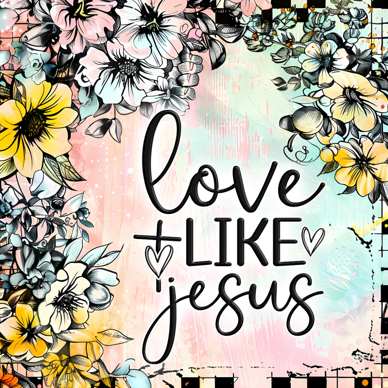 Floral arrangement with text "love + like jesus" on colorful background.