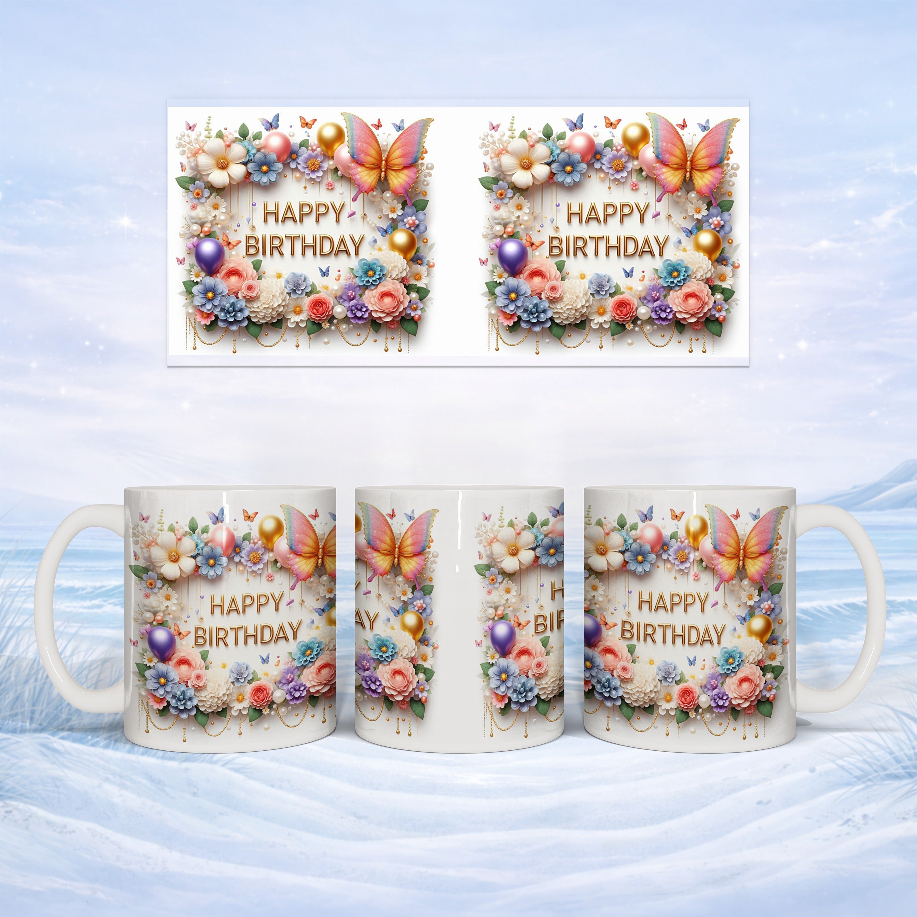 Three mugs with "Happy Birthday" text, butterflies, and floral accents.
