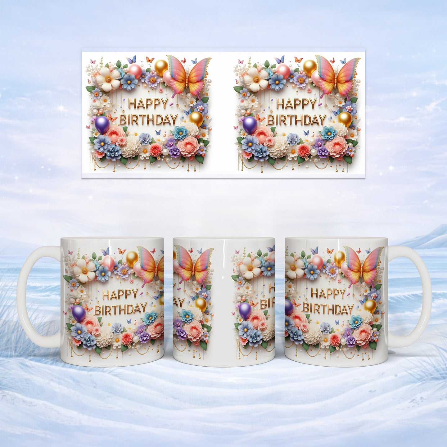 Three mugs with "Happy Birthday" text, butterflies, and floral accents.