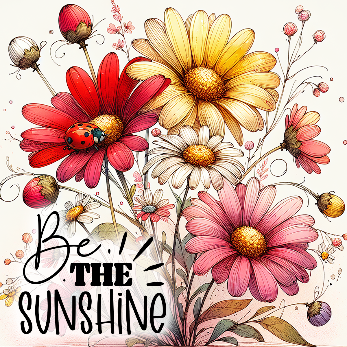 Colorful daisies with a ladybug, "Be the Sunshine" text.