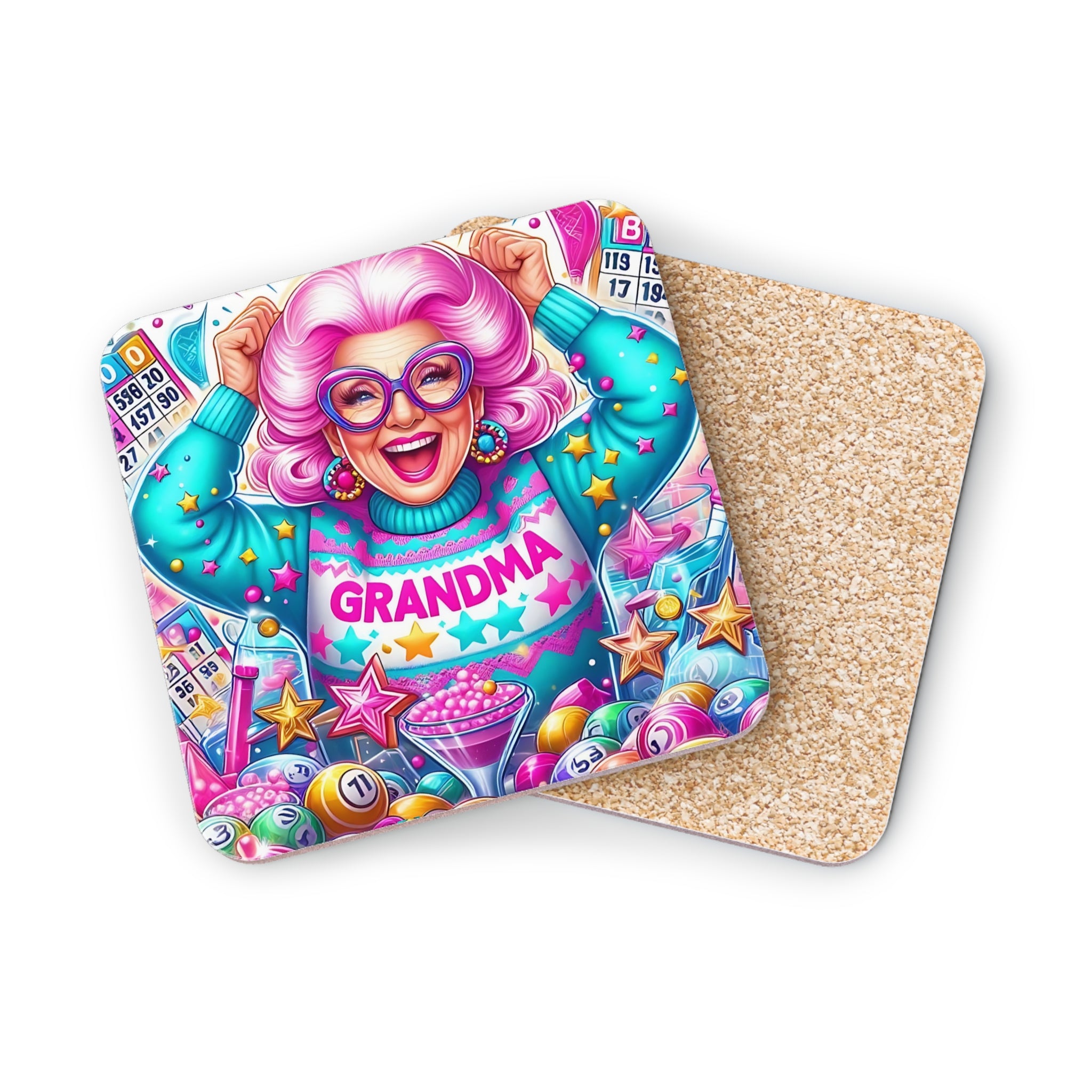 Woman with pink hair celebrating with bingo cards and dice.