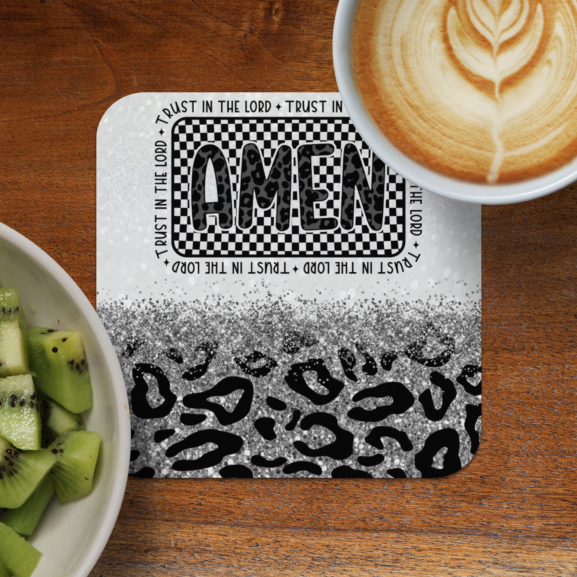 Coaster with "AMEN" text, leopard print, and subtle sparkle.