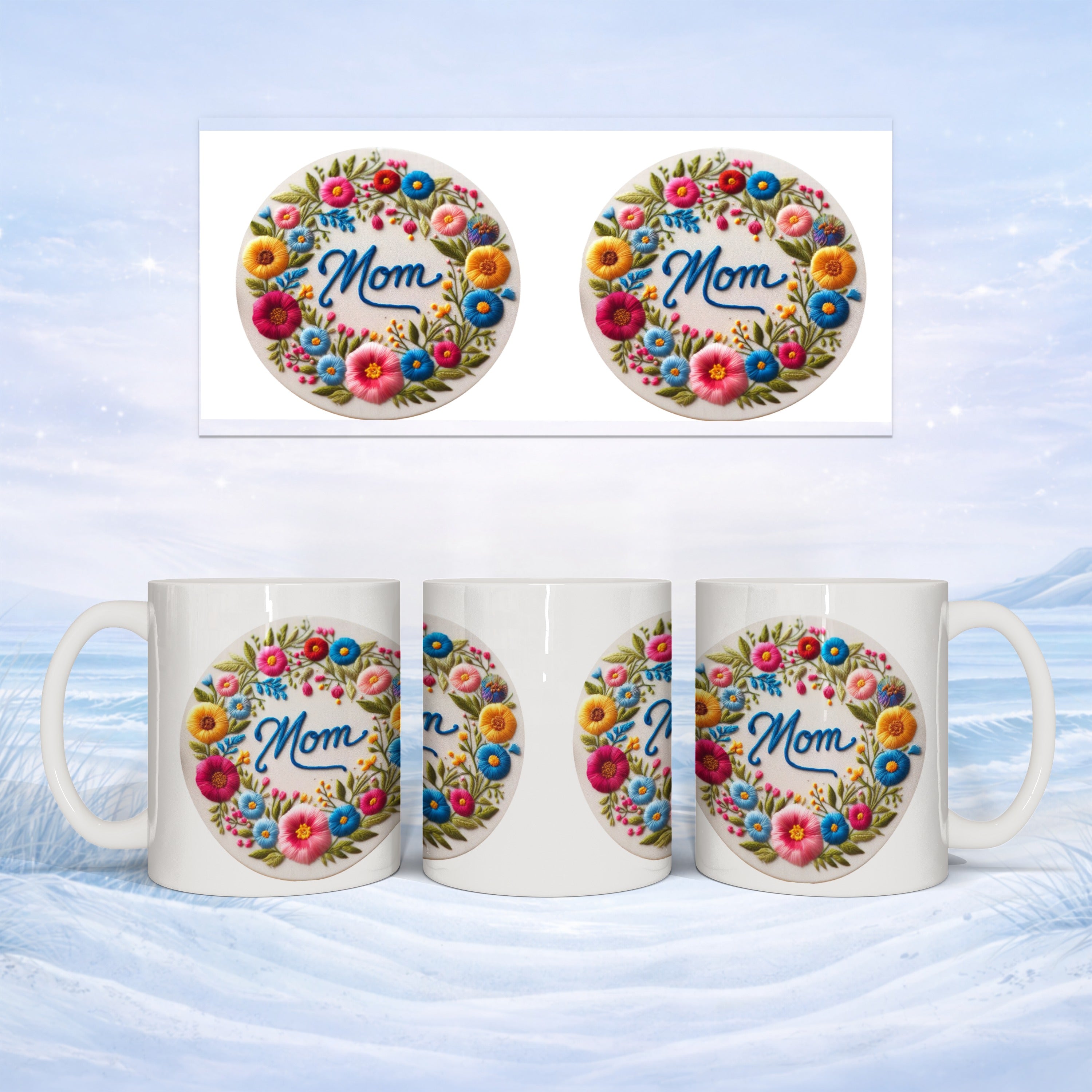 White mug with floral wreath and "Mom" text, shown from three angles.