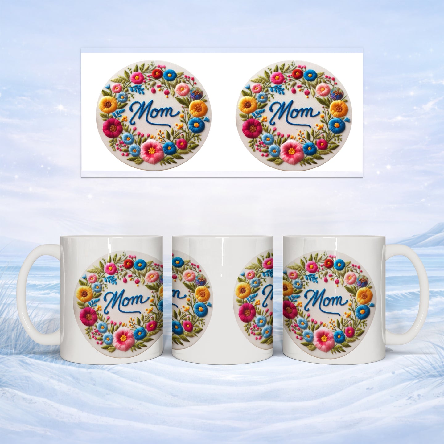 White mug with floral wreath and "Mom" text, shown from three angles.