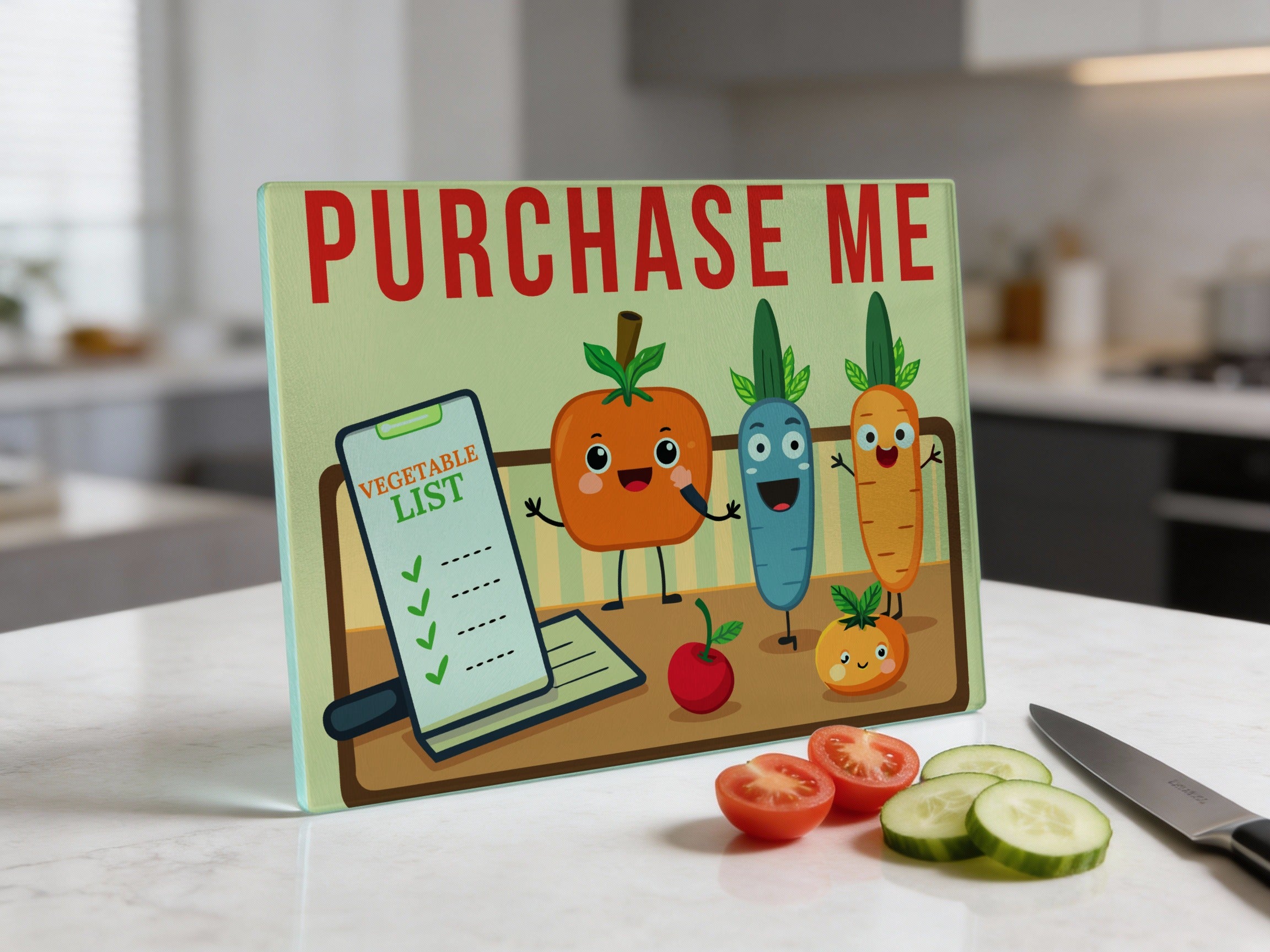 Glass cutting board with cartoon vegetables and "PURCHASE ME" text.
