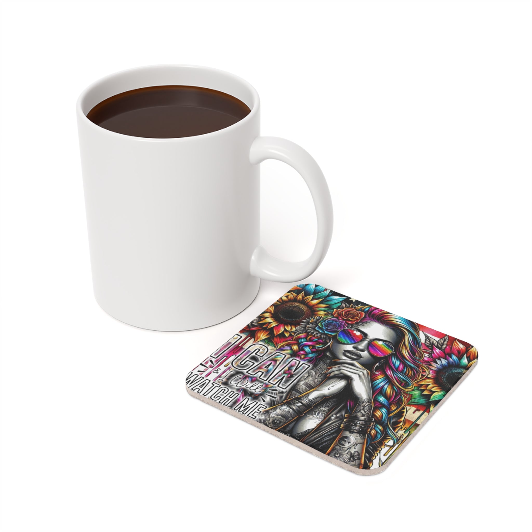 Coaster with woman wearing sunglasses and flowers, text "I CAN WATCH ME".