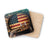 Whiskey glass and cigar on American flag barrel coasters.