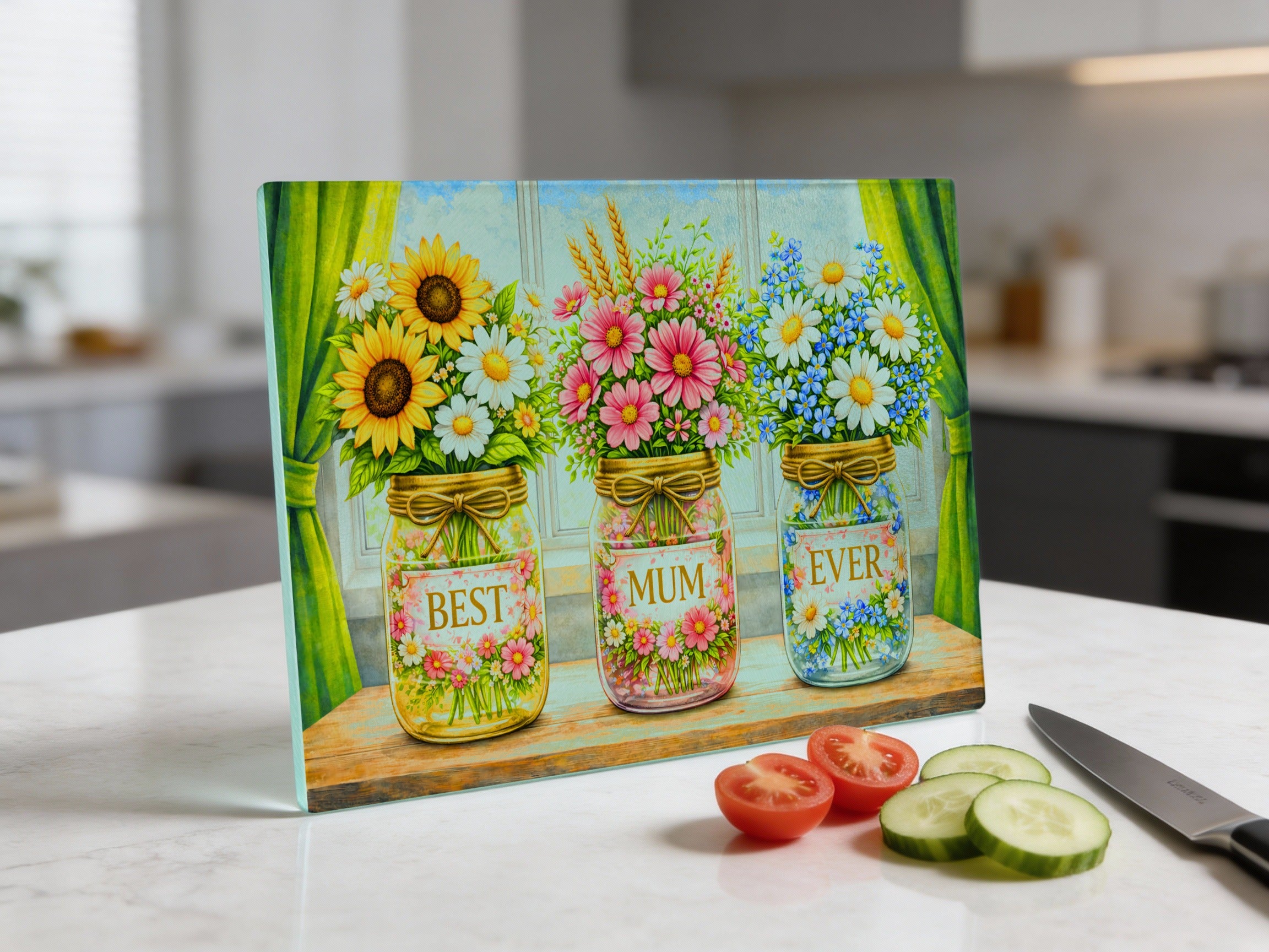 Three glass jars filled with colorful flowers, labeled "Best," "Mum," and "Ever."