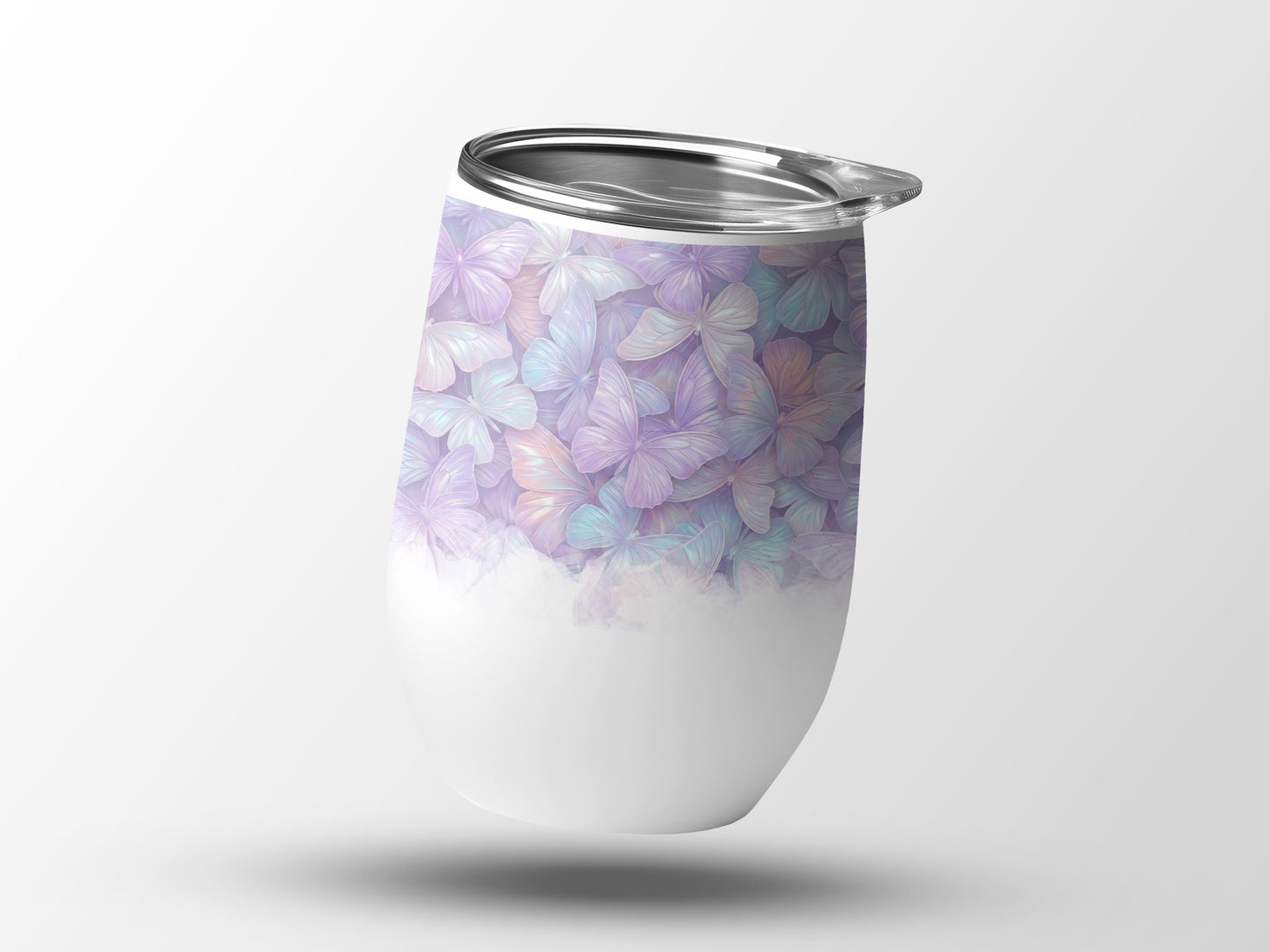White tumbler with pastel watercolor butterfly pattern.