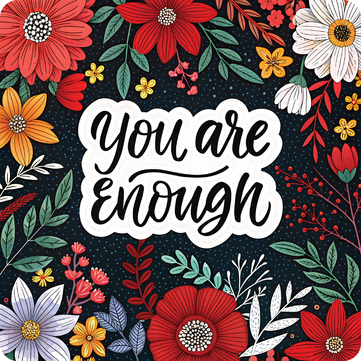 "You are enough" written in script over a dark background surrounded by colorful flowers and greenery.