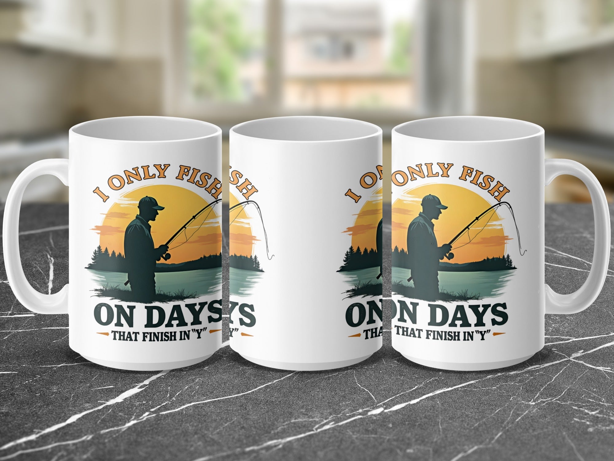 Three mugs showing a silhouetted fisherman at sunset with text "ON DAYS THAT FINISH IN Y".