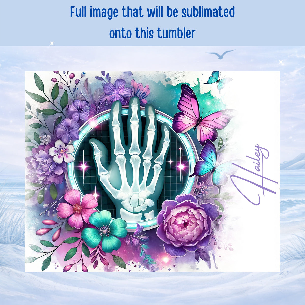 X-ray hand in floral frame with butterflies and "Hailey" text.