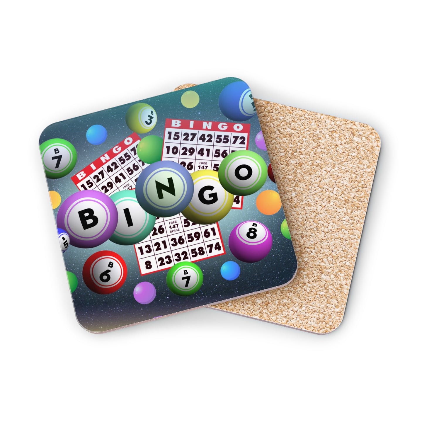 Bingo cards and colorful bingo balls scattered on a textured surface.