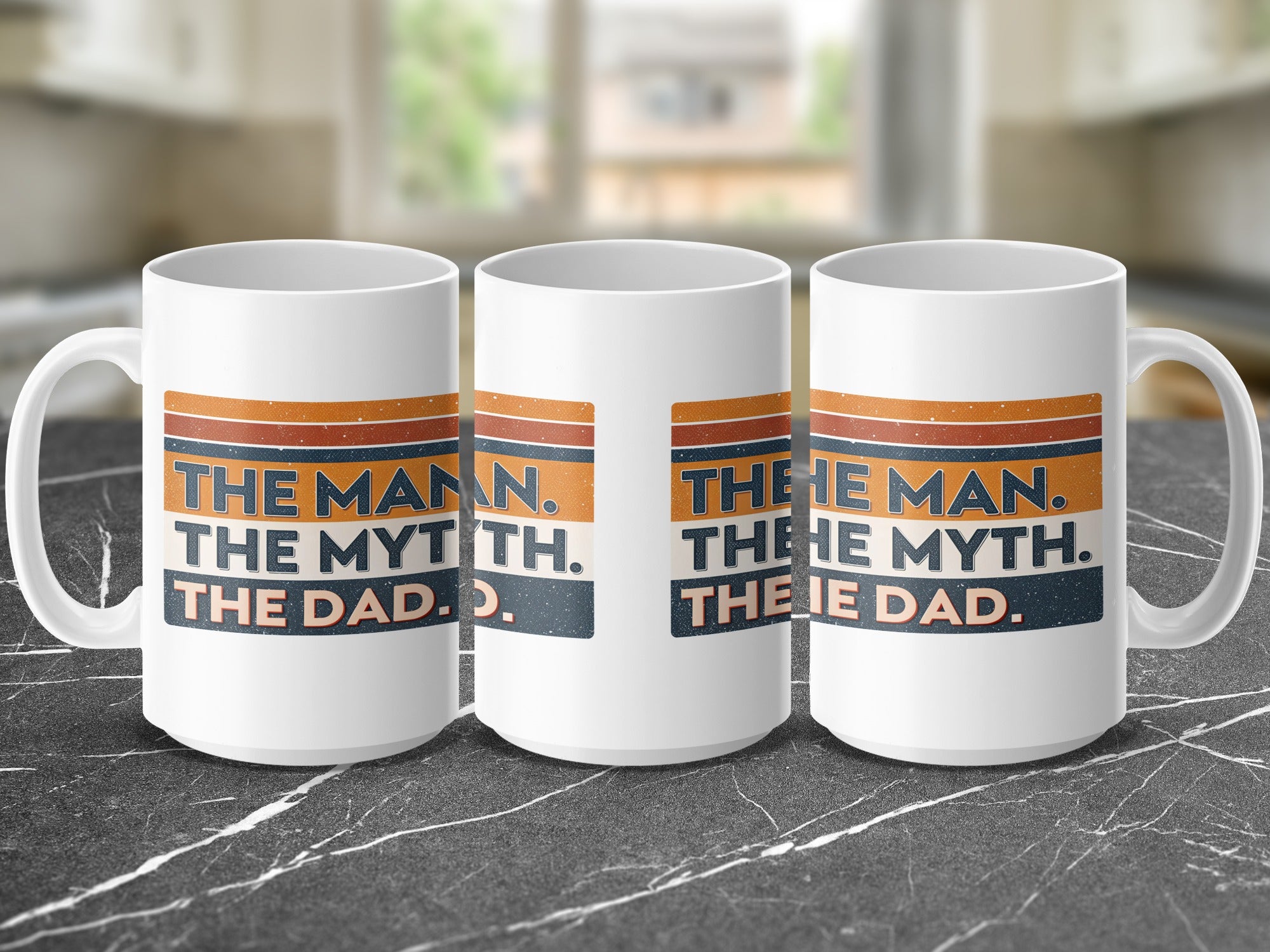 Three mugs with "The Man. The Myth. The Dad." text.