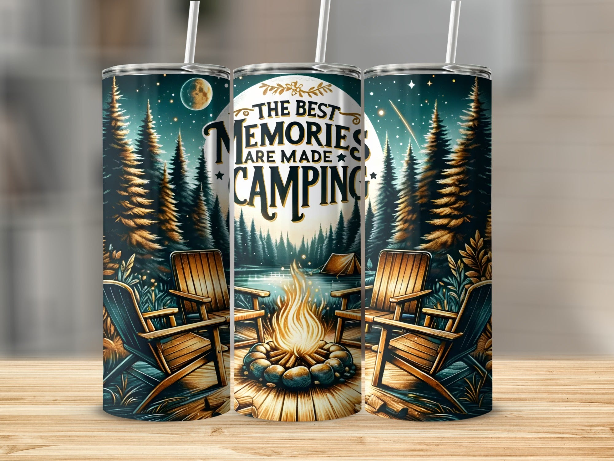 Tumbler with "The best memories are made camping" text, campfire, chairs, and tent.