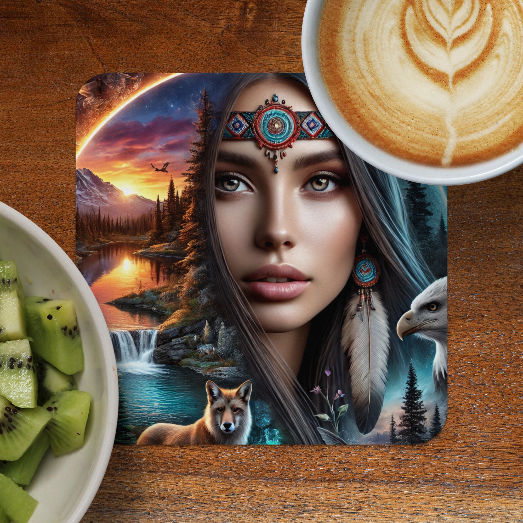 Woman with Native American headdress and coffee and kiwi on wooden table.