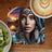 Woman with Native American headdress and coffee and kiwi on wooden table.