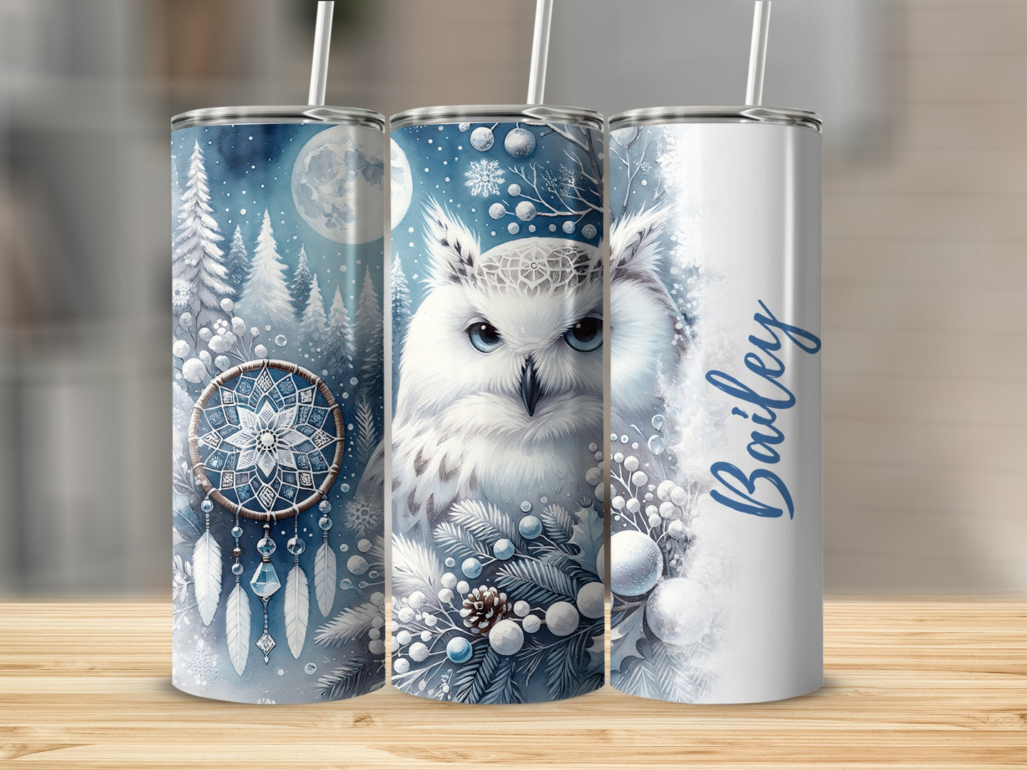 White owl with dreamcatcher and snowflakes on a tumbler.
