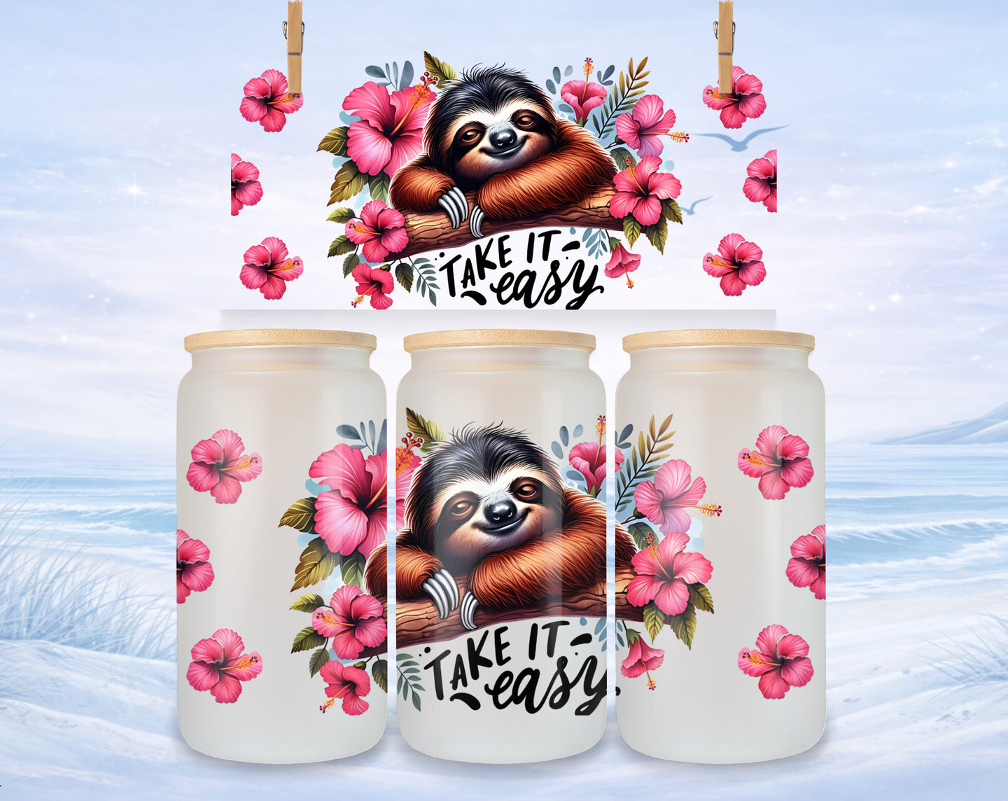 Sloth and hibiscus design with "Take It Easy" text on a glass tumbler.