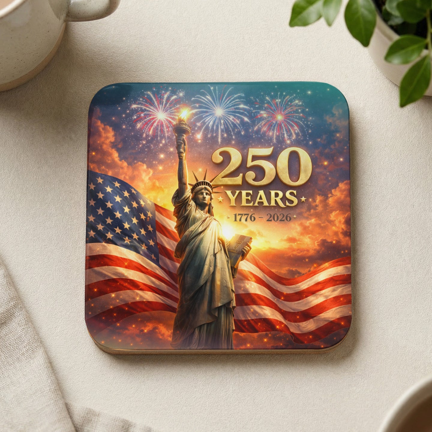 Statue of Liberty with American flag and fireworks, "250 Years 1776-2026" text.