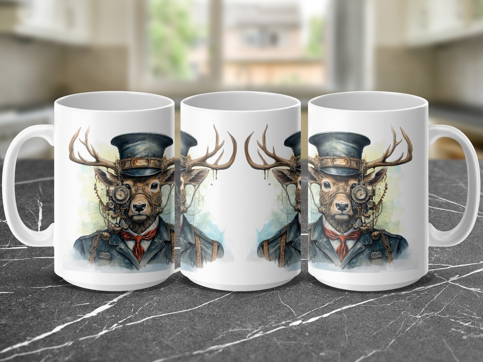 Three mugs featuring a steampunk deer wearing a hat and bowtie.