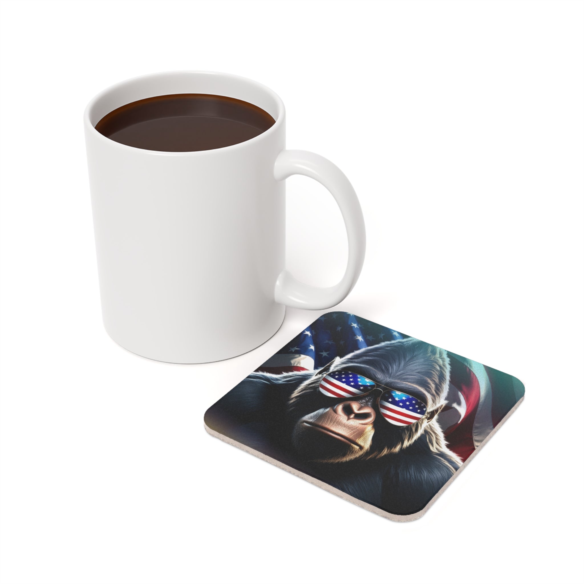 Gorilla wearing sunglasses with American flag design on a coaster.