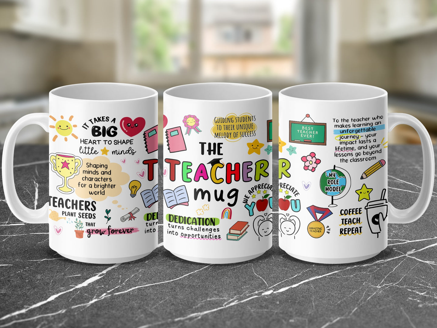 White mug with colorful teacher-themed graphics and inspirational text.
