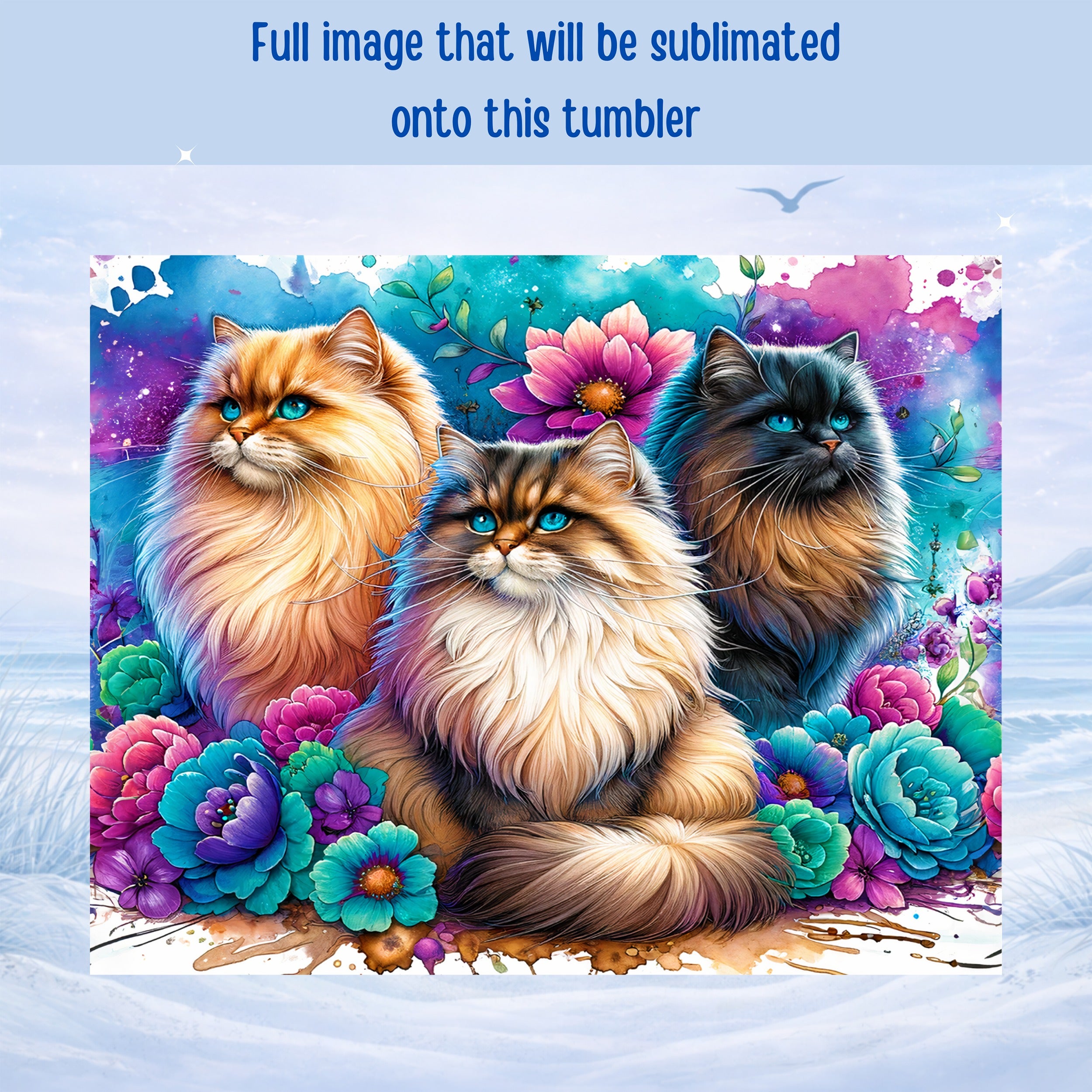 Three fluffy cats with flowers in vibrant colors, for sublimation on a tumbler.