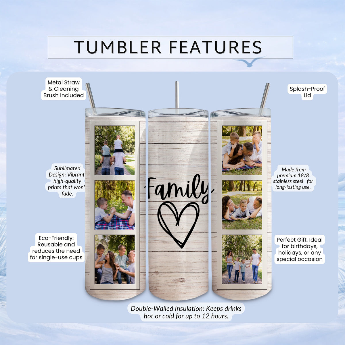 Family tumbler with sublimation print, metal straw, and splash-proof lid.