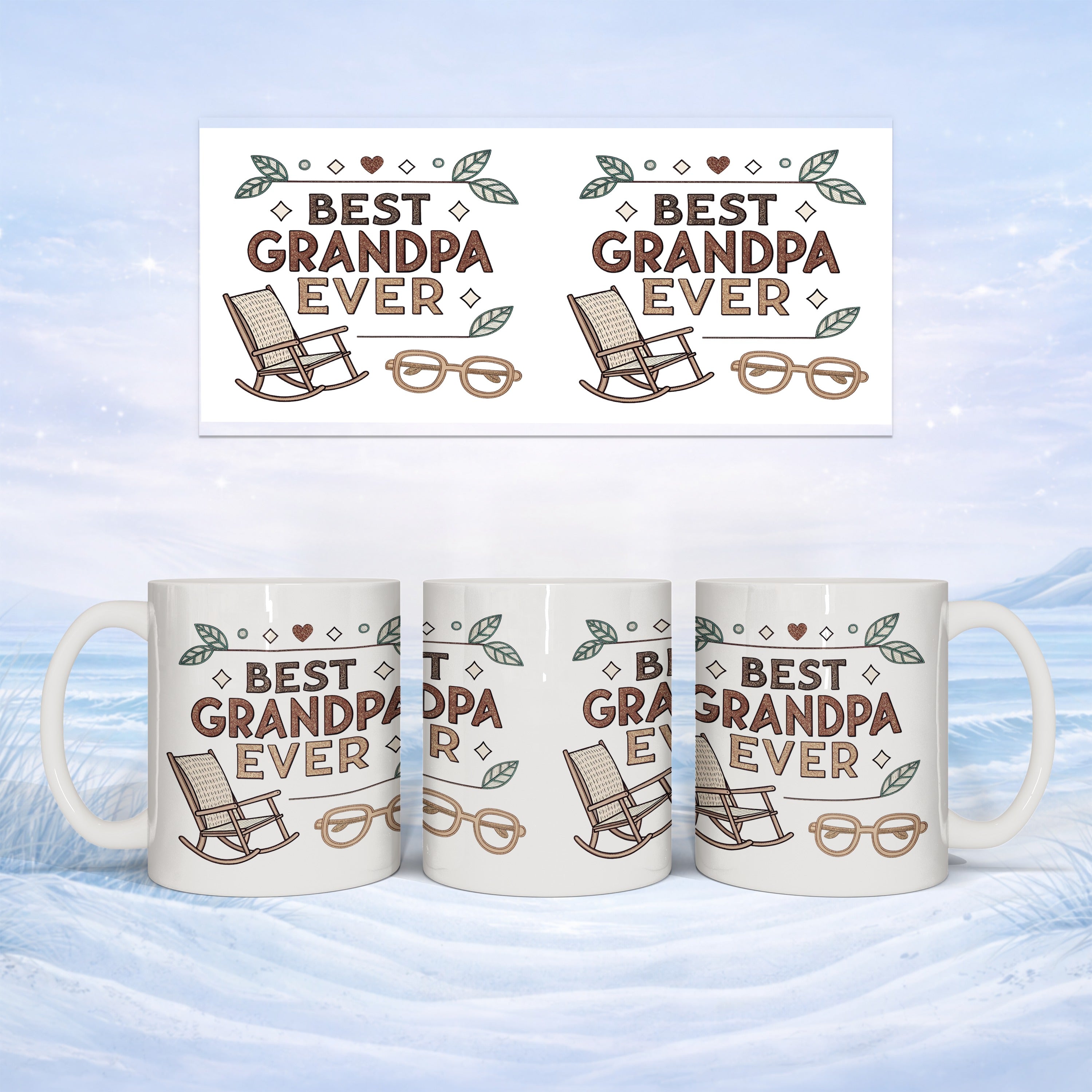Mug with "BEST GRANDPA EVER" design featuring rocking chairs and glasses.