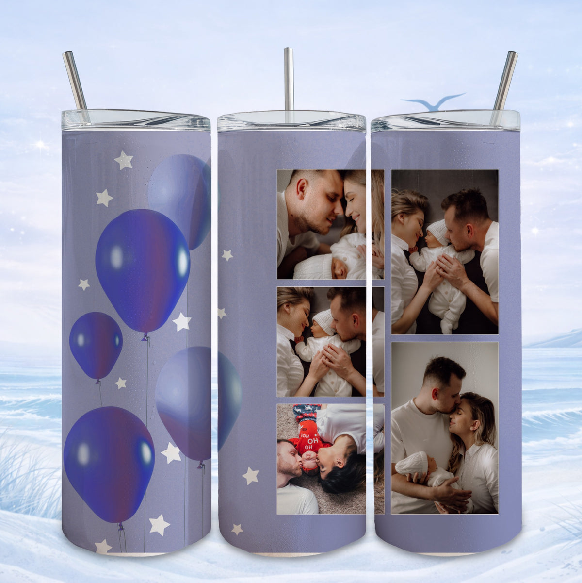 Purple balloons and stars design with family photos on a tumbler.