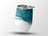 White tumbler with teal and blue abstract watercolor design and silver lid.
