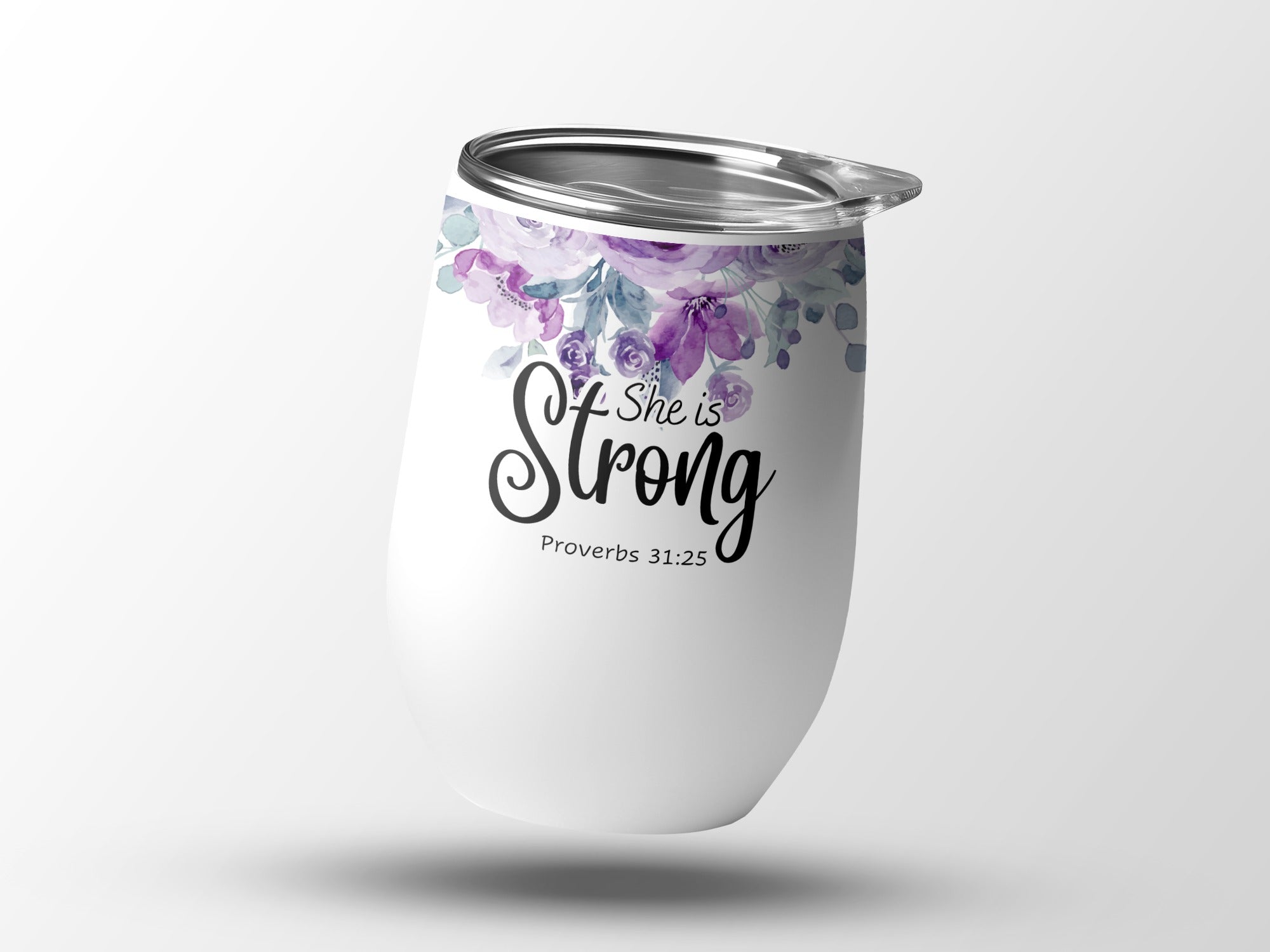 White insulated tumbler with floral accents and "She is Strong Proverbs 31:25" text.