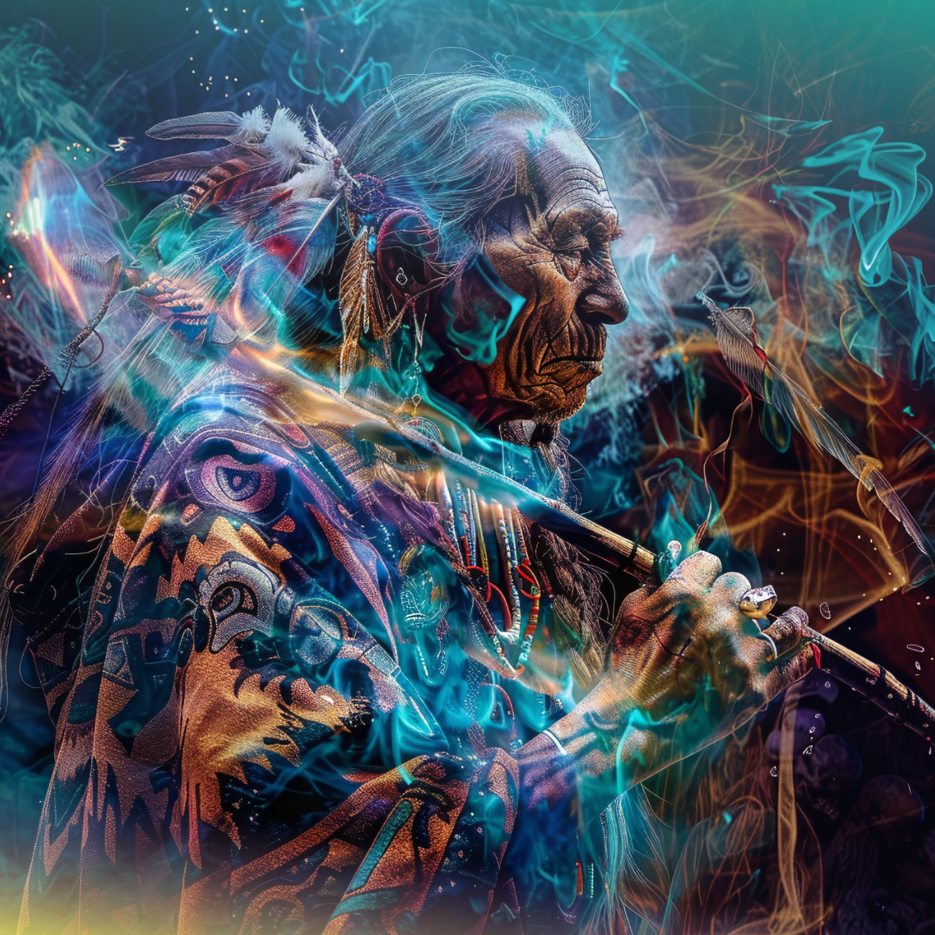 Elderly Native American man in profile, holding a pipe, surrounded by colorful smoke.
