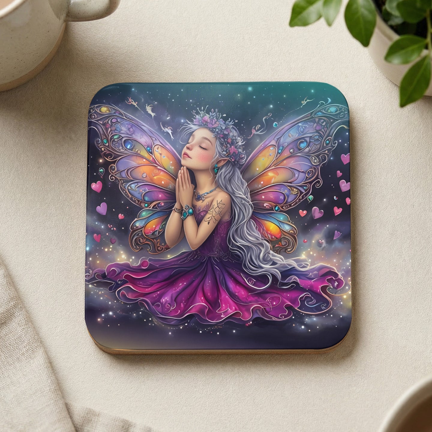 Fairy with ornate wings and floral crown, praying amidst hearts and stars.